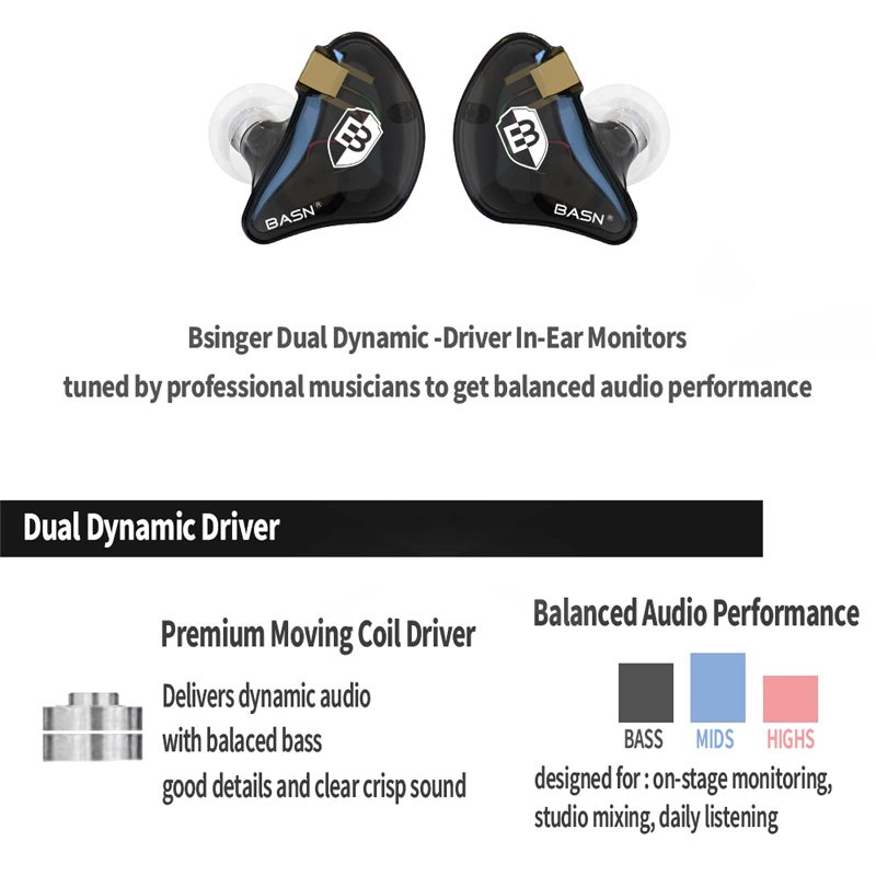 BASN Bsinger PRO in Ear Monitor Headphones for Musicians, Dynamic Driver Noise Isolating Earphones with 2 Detachable MMCX Cables (Black) - Image 2